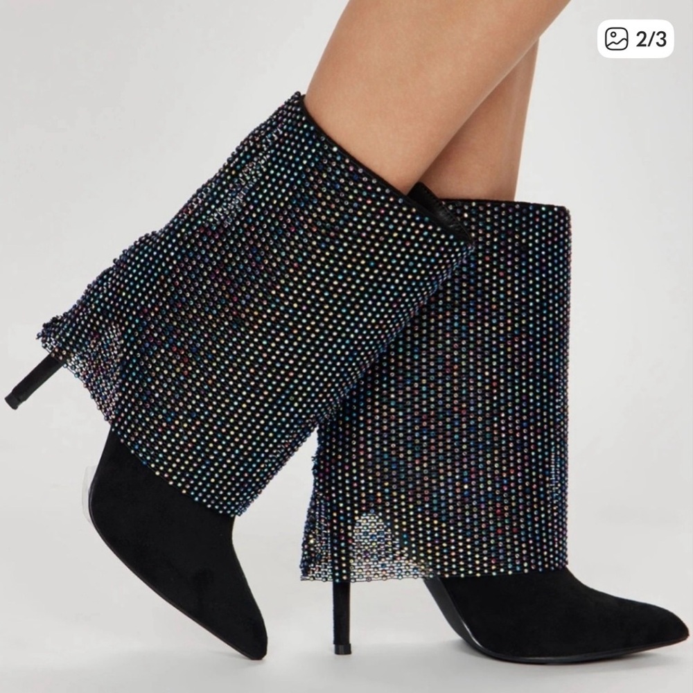 Fashion Nova Black Rhinestone Heeled Boots
